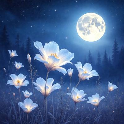 The primary subject of the image is a field of white flowers, with a blue moon in the background. The setting is a nighttime forest, and the visual style is a painting. The dominant colors are white and blue, creating a serene and peaceful atmosphere.